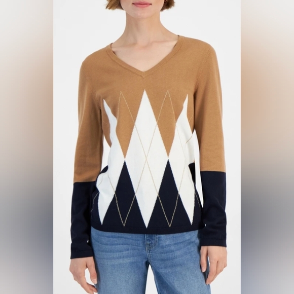 Tommy Hilfiger Wmn's V-Neck Long-Sleeve Cotton Argyle Sweater Size 2X NWT $79.50 - Picture 1 of 7